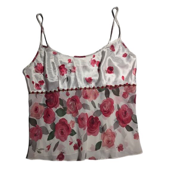 Vtg 1980s California Dynasty White Rose Floral Print Satin Sheer Chiffon Top M - Picture 1 of 4
